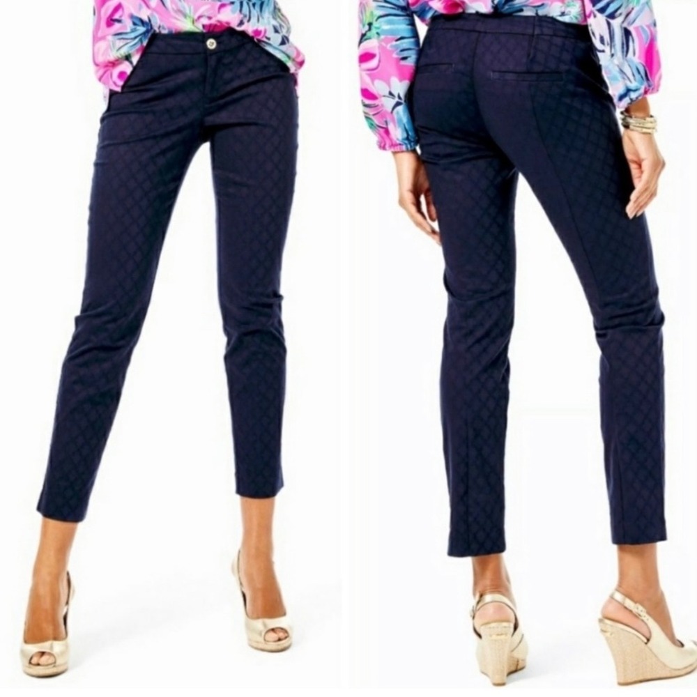Lilly Pulitzer Kelly Ankle Pants Navy Trellis Jacquard Size 12 Slim Trousers